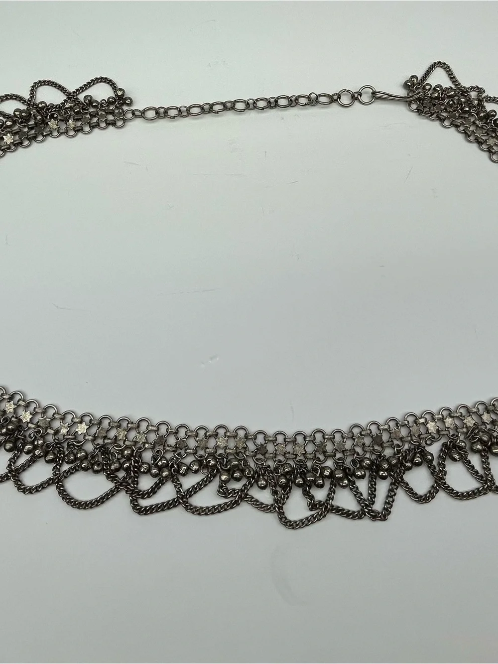 Vintage Silver Metal Body/Belly Dancer Chain adorned with Stars & Bells 37” Long